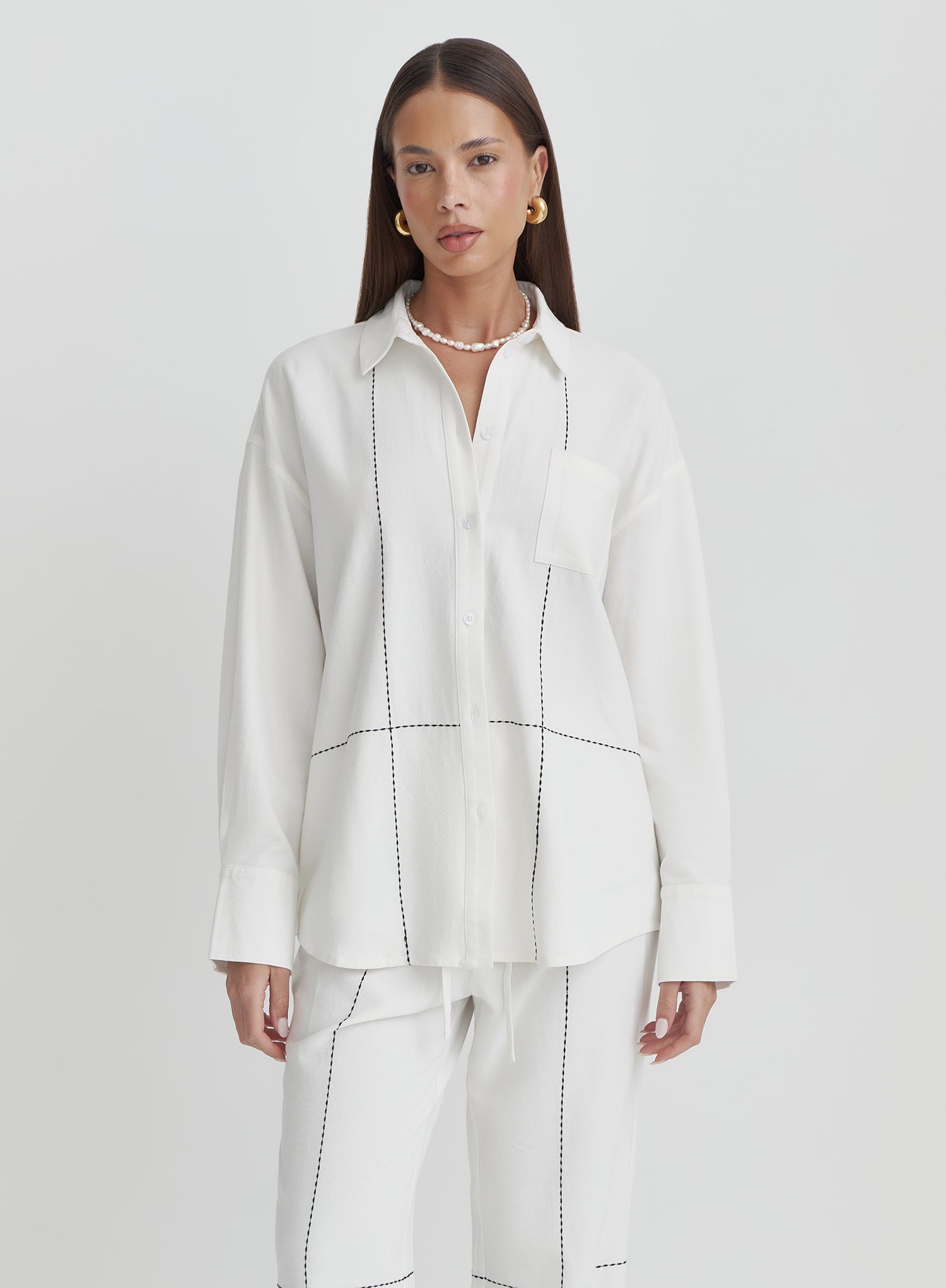 Off White Contrast Stitch Linen Oversized Shirt